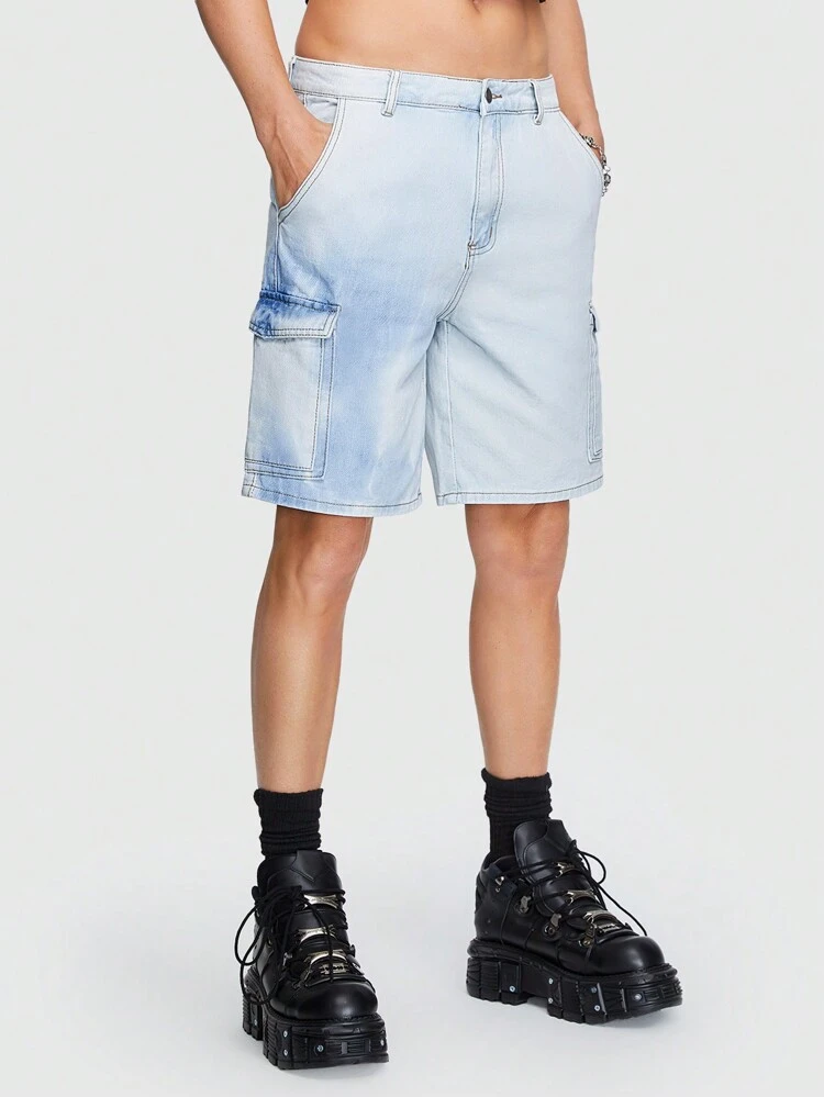 Men's Stone Washed Cargo Denim Shorts, Suitable For Daily Wear In Spring And Summer
