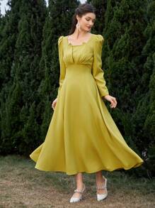 Modelyn Solid Color Women's Simple Pleated Chest Design Dress Long Evening Dresses - Yellow - View 3