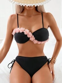 SHEIN Swim Ladies' Contrast Color & Frill Trim Bikini Set Summer Beach