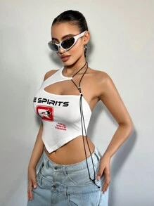 SHEIN ICON Áo Y2K ren trắng không đối xứng có viền áo in chữ và đường viền cổ độc đáo cho nữ - trắng - Xem 3