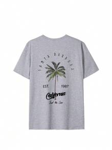 Women's Casual Crew Neck Palm Tree & Letter Print Vacation Style Short Sleeve T-Shirt Top - Grey - View 3