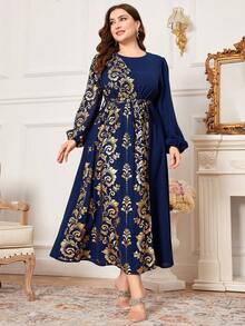 Modelyn Kích thước lớn Thực vật In Vòng cổ Tay áo dài Đầm - Màu xanh hải quân - Xem 5