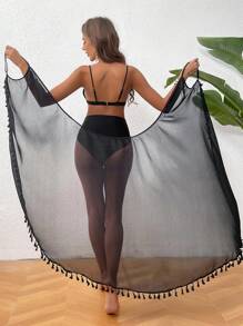 SHEIN Maternity Fringe Kimono Jacket With Patchwork - Black - View 3