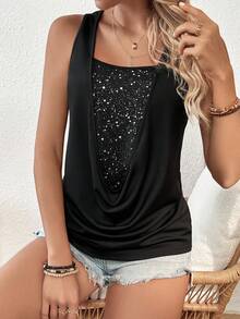 SHEIN LUNE 女春夏兩合一垂褶背心 - 黑色 - 查看 3