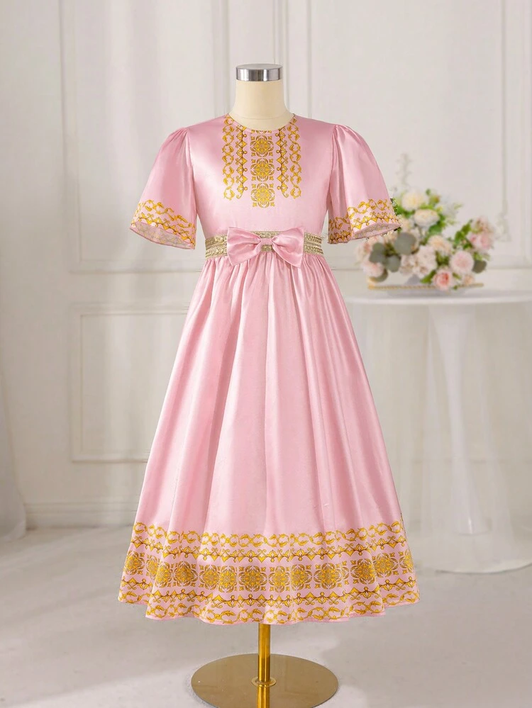 Tween Girl's Baroque Jacquard Loose Casual Dress With Round Neckline