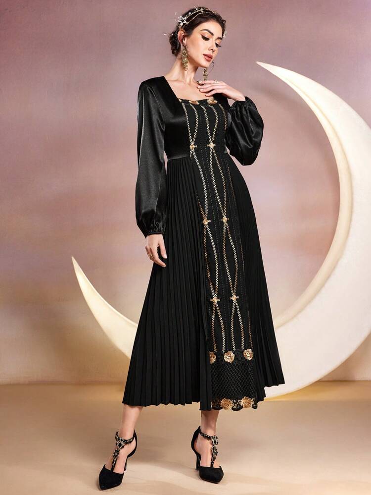 Lantern Sleeve Women's Pleated Hem A-Line Dress Long Evening Dresses
