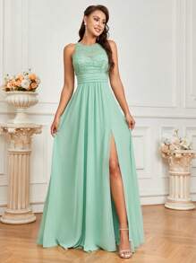 SHEIN Belle Vestido elegante y romántico de gasa con abertura alta y línea A para dama de honor de vacaciones (Adulto), con costura de encaje verde hierba elegante