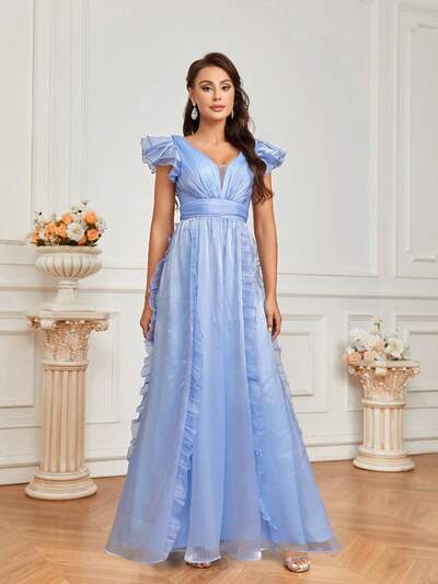 Elegante Abito Da Sera Da Donna Con Gonna In Tulle Lucido, Collo A V, Orlo Con Balza, Con Fiocco Sul Retro (lavoro Pesante)