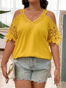SHEIN LUNE Plus Size Solid Color Open Shoulder V-Neck Fashion Blouse With Patchwork Design - Yellow - View 6