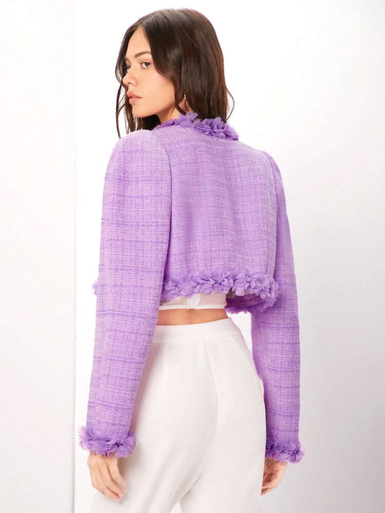 Women's 3d Floral Open Front Woolen Coat With Mesh Net Fabric