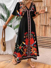 Breezaya Women's Floral Print Cut Out Waist Dress Maxi Vacation Beach Outfit - Black - View 6