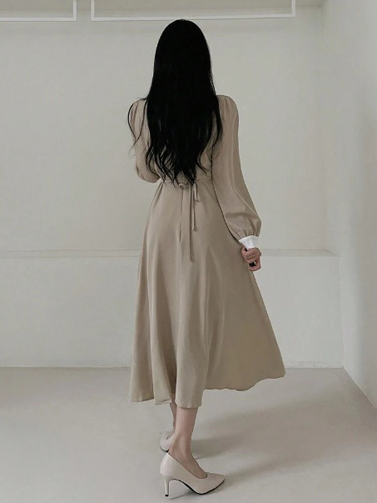 Women's Long Sleeve Dress With Flowy Tie Neck, Fall Dress