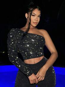 SHEIN SXY Blusa Curta De Paetê Com Um Ombro Só, Mangas Bufantes, Decote Ombro A Ombro, Roupas De Clube Sexy Para Ano Novo Ou Dia Dos Namorados - Dourado - Visão 1
