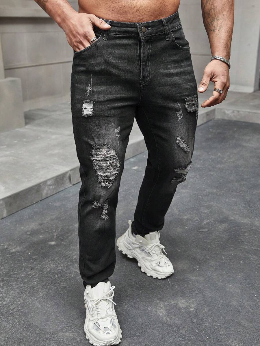 Manfinity LEGND Męskie jeansy slim fit z przetarciami i wąsami Długie postrzępione dżinsy Cargo Zwykły czarny Party Grunge