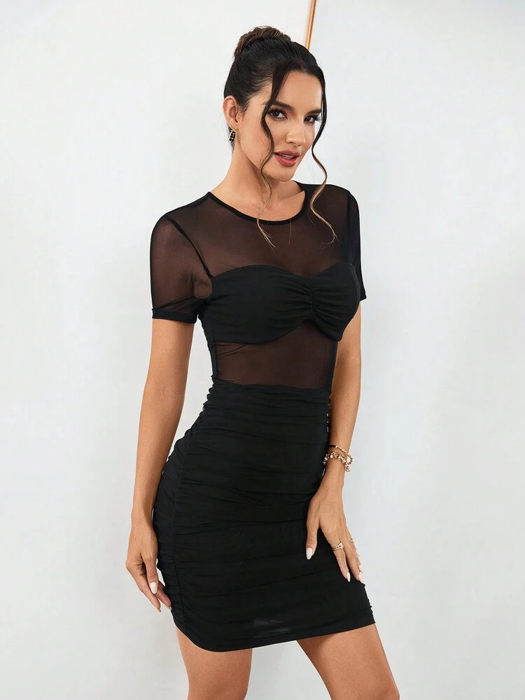 Women's Elegant Commuting Romantic Date Party Shopping Music Festival Round Neck Short Sleeve Semi-Seeing Mesh Splicing Knitted Black Dress Short Dress Bodycon Dress