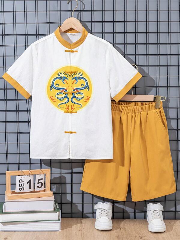 SHEIN Tween Jungen Casual Stehkragen Bedrucktes Kurzarmhemd und Shorts im chinesischen Stil 2 Stücke Set