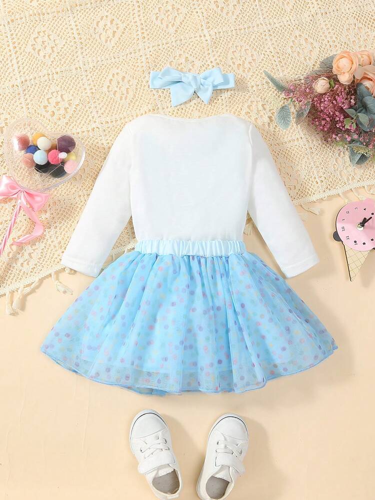 Baby Girl Sweet Donut Applique Bodysuit With Colorful Polka Dot Mesh Skirt And Headband, Cute For Spring/Summer
