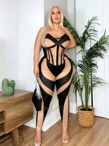 SHEIN SXY 大码女式印花紧身胸衣，花卉图案双色不对称下摆抹胸上衣，适合派对、性感夜店、生日、情人节、单身派对、春夏音乐会等场合。 - 彩色 - 查看 4