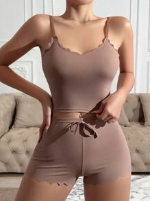 ZzzCrew 女士弧形下摆吊带背心和短裤家居服套装，休闲装 - 棕色 - 查看 5