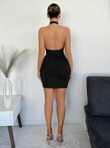 SHEIN SXY Ruched Bodycon Dress With Halter Neckline Sexy Dress Birthday Outfit Spring Summer - Black - View 6