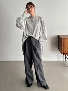 FRIFUL 女式条纹蕾丝拼色衬衫长袖上衣 - 灰色 - 查看 2