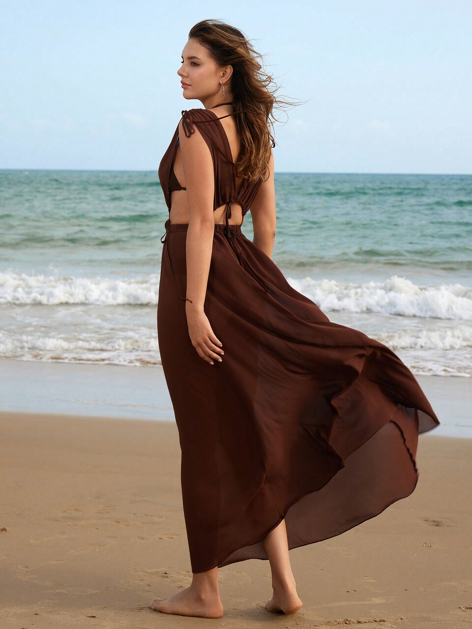 Ladies Solid Color Hollow Out Pullover Long Cover Up Dress, For Summer, Beach, Vacation