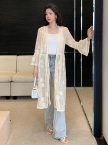 DAZY Cubretraje de manga de campana con estilo japonés para verano, transparente con volantes, conjuntos de ropa de playa para mujeres - Albaricoque - Ver 2