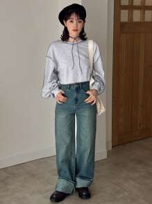 FRIFUL سترة نسائية بقبة واسعة عريضة وخياطة مكشوفة - رمادي فاتح - مشاهدة 1