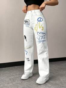 SHEIN ICON 女士時尚印花牛仔褲 - 白色 - 查看 6