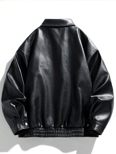 Herenjack met lange mouwen, overslagdetails en ritssluiting, PU, voor herfst en winter, grunge-stijl.