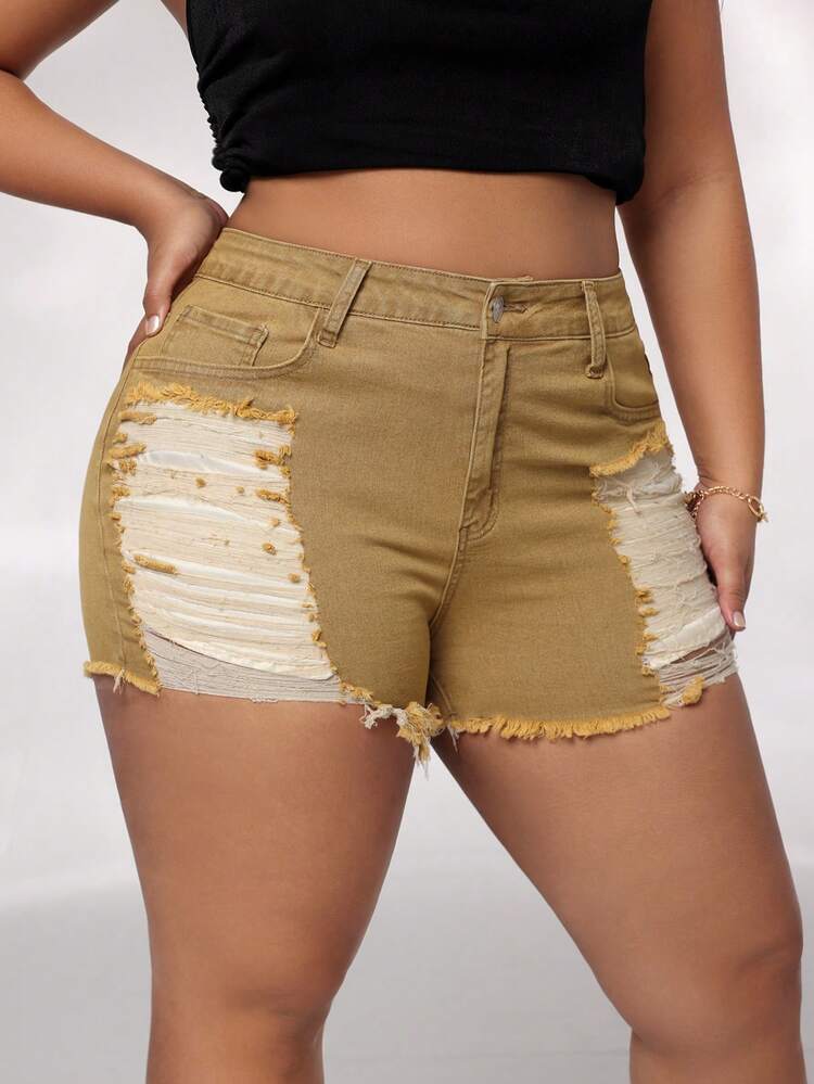Plus Size Women's High Waisted Stretch Frayed Hem Mini Shorts