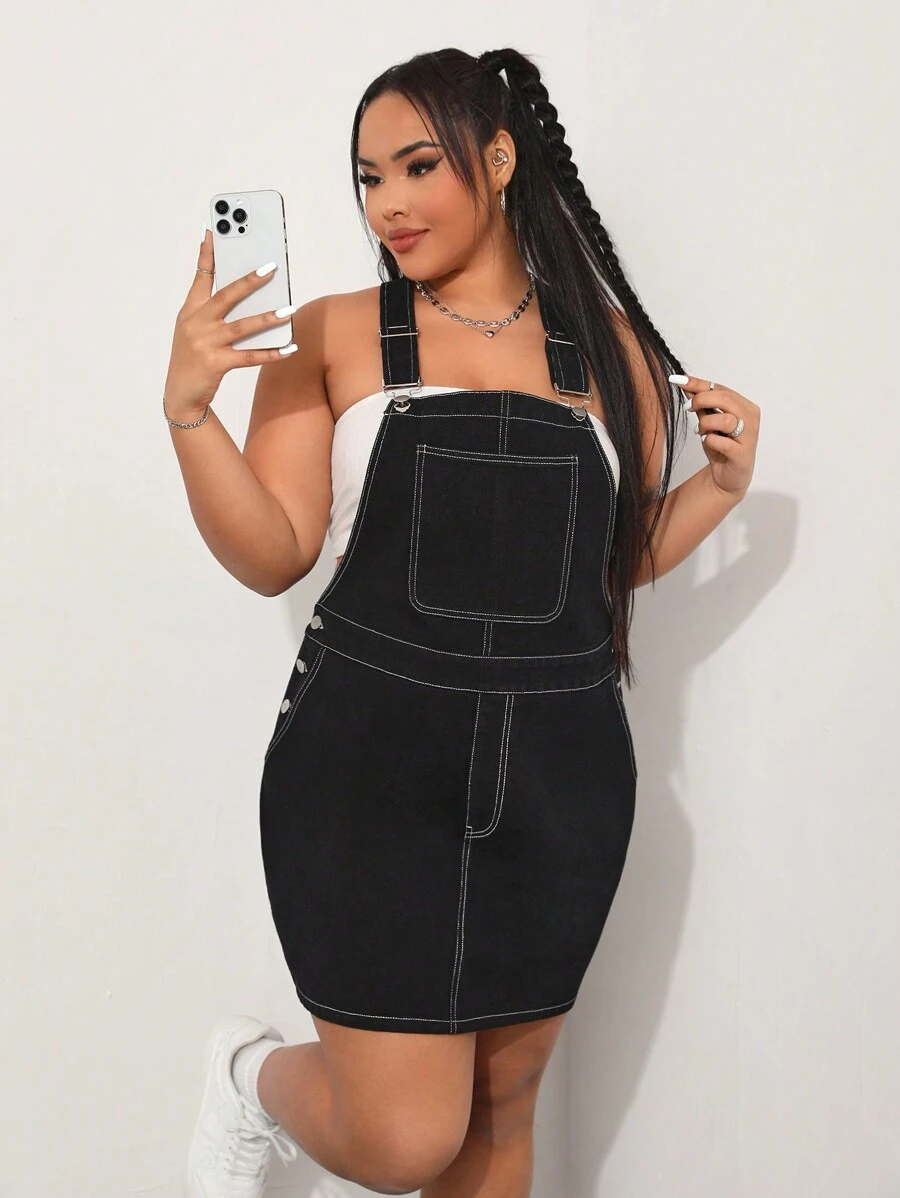 SHEIN EZwear Cộng với kích thước đầm denim màu trơn - màu đen - Xem 1
