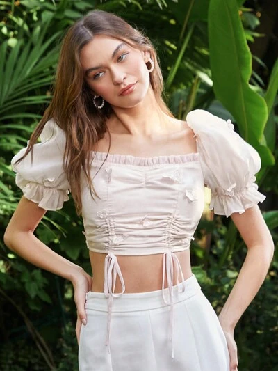 Women's Puff Sleeve Ruffle Trim Blouse