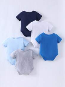 SHEIN Playful Pals 5件套婴儿男童休闲百搭简约圆领按扣短袖柔软针织连体衣，多色套装，适合日常穿着和户外活动，春夏款 - 彩色 - 查看 2