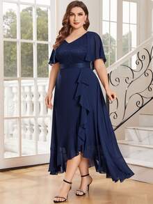 Plus Lace Butterfly Sleeve Chiffon Ruffle Trim Formal Party Long Dress - Navy Blue - View 6