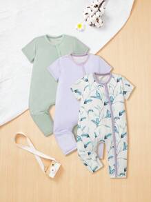 Baby Girl Off-Shoulder Short Sleeve Jumpsuit Baptism Sage Green Pastel Purple White Summer Casual - Multicolor - View 1