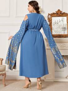 Modelyn Plus Size Polka Dot Print Wrap Front Dress With Split Sleeves Long Evening Dresses