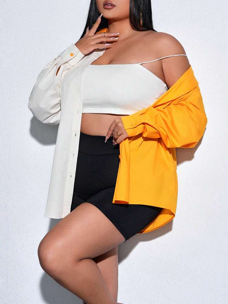 Plus Size Women's Color Block Patchwork Casual Basic Shirt