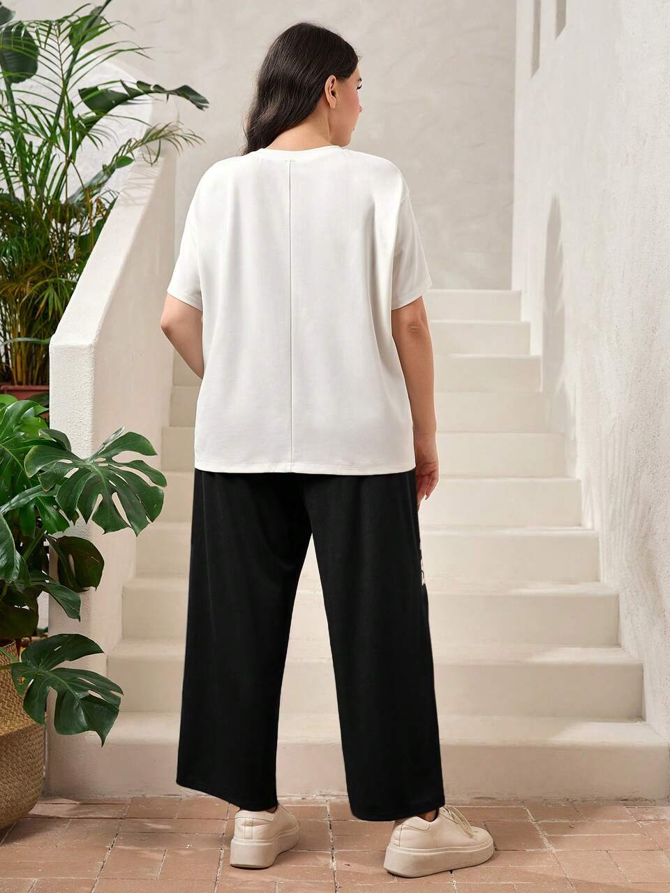 Plus Size Women's Letter Printed Short Sleeve T-Shirt And Pants Set 2 Pieces Set