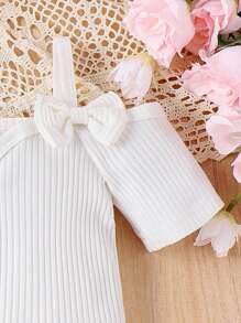 嬰幼女露肩短袖連體衣，配有蝴蝶結裝飾和百褶裙，腰袋設計 - 白色 - 查看 4