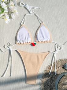 SHEIN Swim 女士吊带分体比基尼套装夏季海滩 - 杏色 - 查看 2
