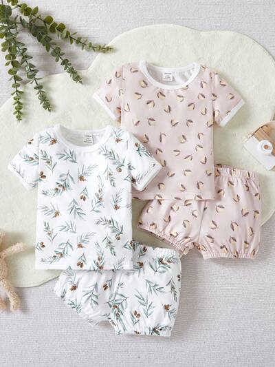 Baby Girl Simple Full Print Short Sleeve Top And Shorts Sleepwear Set, Pack Of 2