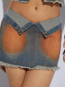 SHEIN Unity Women's Frayed Waist Fold Over Denim Skirt - Orange - View 4
