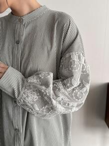 FRIFUL 女式条纹蕾丝拼色衬衫长袖上衣 - 灰色 - 查看 3