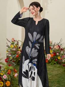 Seusyu Women's Printed A-Line Dress With Pleats And Notched Lapel Fall Cloth For Women - Multicolor - View 3
