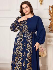 Modelyn Kích thước lớn Thực vật In Vòng cổ Tay áo dài Đầm - Màu xanh hải quân - Xem 3