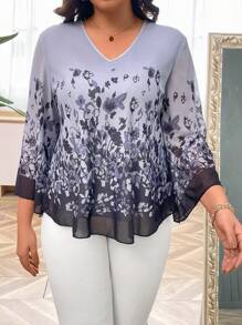 SHEIN LUNE Plus Floral Print Colorblock V-Neck Blouse - Grey - View 3