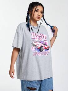 SHEIN EZwear CURVE 大尺碼汽車字母印花落肩 T 卹 - 淺灰色 - 查看 4