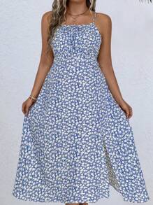 SHEIN LUNE Plus Size Floral Print Side Slit Hem Cami Dress For Summer