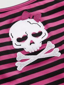 ROMWE Kawaii Camiseta de tirantes de estilo Kawaii con rayas negras y rosas, bordado de calavera, para mujer talla grande, escuela